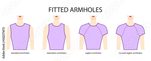Set of Fitted armhole short length standard, sleeveless, curved raglan sleeves clothes technical fashion illustration with fitted body. Flat apparel template front side. Women, men unisex CAD mockup