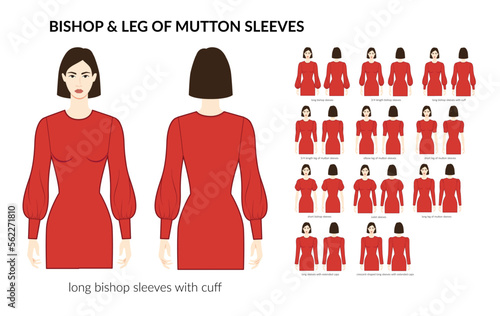Set of Bishop and Leg of mutton sleeves clothes with cuff, Juliet, extended cups technical fashion illustration with fitted body. Flat apparel template front, back sides. Women, men unisex CAD mockup