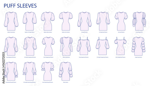 Set of Puff sleeves clothes dropped, baloon, virago, Marie, paned, drawstring technical fashion illustration with fitted body. Flat apparel template front side. Women, men unisex CAD mockup