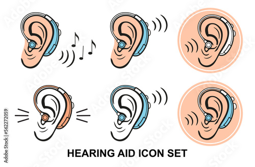 Ear hearing aid for deaf, hear impaired, medical auditory device, improve human sound sensory perception icon set. Deafness problem. Electronic equipment for listen noise, music. Health care. Vector