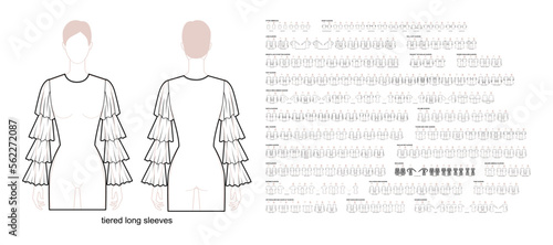 Set of sleeves - long, short, puff, knit, circle, kimono, rib, off-shoulder tucked, cowl bell, dolman clothes technical fashion illustration. Flat apparel template front, back sides. Women, men CAD