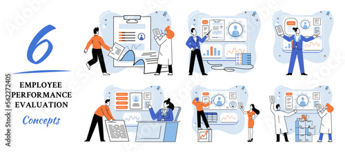 HR department work scenes set, qualified employee responsible for formation of human resources in organization. Specialist engaged in selection, adaptation, dismissal, development of personnel