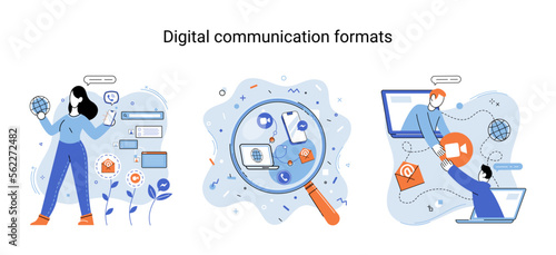Digital communications formats. Chat messages smartphone, Sms on mobile phone screen, computer application. Chatting, messaging using chat app or social network. Persons cellphone metaphor