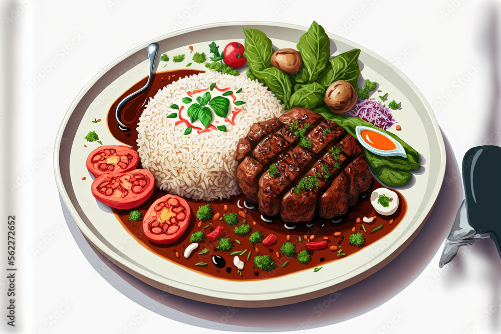 Persian Beef Kabab with Rice Dates Saladand Grilled Ramadan Iftar Food Calod. Generative AI