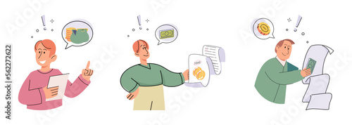 People analyzing personal and corporate budget, planning and accounting scenes set. Calculate deposit amount. Deposit interest rates. Tax payment, Man counting dollar bills and coins. Piggy Bank