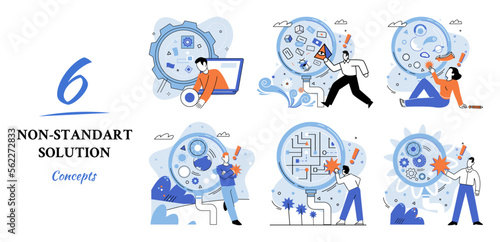 Non standart solution metaphor. Finding decisionss, problem solving. Teamwork, partnership. Working collaboration, corporate cooperation, creativity idea and innovation, colleagues mutual help concept
