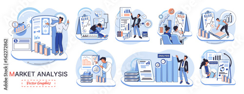 Market statistics analysis, financial advisor, customer relationship management business themes metaphor. Investment money, management planning for customer. Fiscal consultantation, client interaction