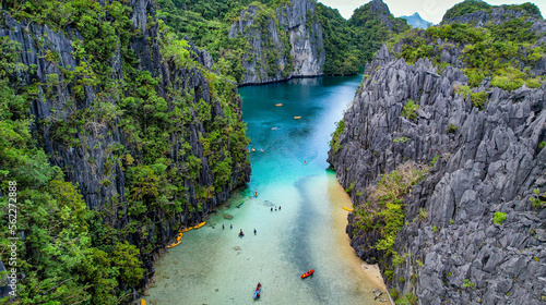 The Big Lagoon In El Nido, Palawan, Philippines. Kayaking In Shallow Channel. Crystal Clear Water, Turquoise Colored Reef 