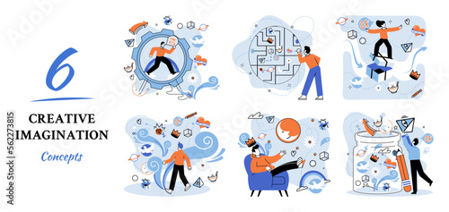 Creative mind, imagination or brainstorm or originative idea concept. Creative imagination. Phantasy space and creativity. Phantasy flow and creativity metaphor, fantasies in mind. Vision development