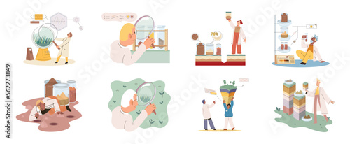 Soil analysis and earth pollution metaphor or structure control. Nutrients microorganism composition research ground layer structure sample. Soil laboratory test. Scientist measuring levels status
