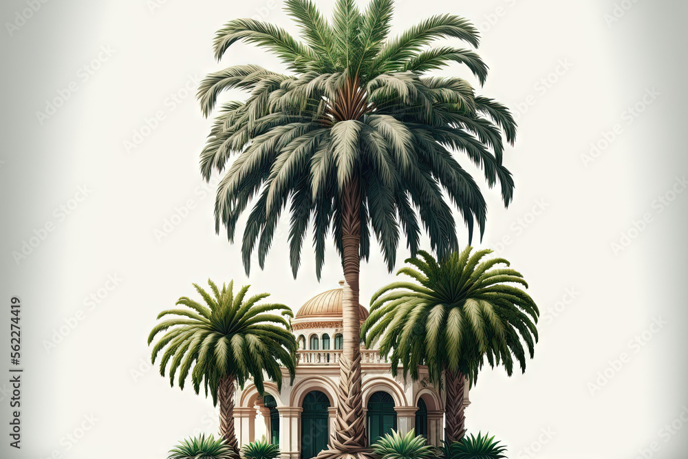 Isolated palm tree with pruning paths for a landscape design on a white backdrop. Tropical trees are frequently used to spruce up the building's exterior garden. Generative AI