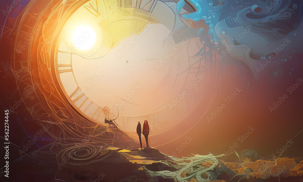 Surreal Illustration of a Large Damaged Time Piece, Colorful Swirls Generative AI illustration Surreal Illustration of a Large Damaged Time Piece, Colorful Swirls Generative AI illustration