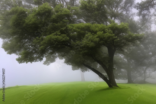 Tree on Hill Foggy Background Generative AI illustration