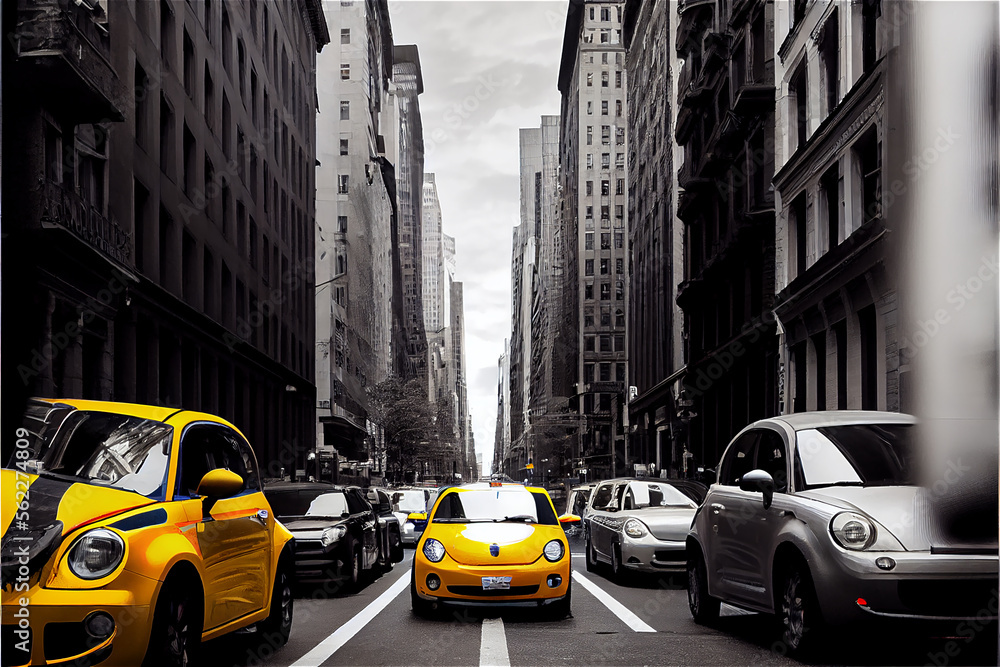 Traffic with typical yellow cabs in a monochrome New York, generative AI