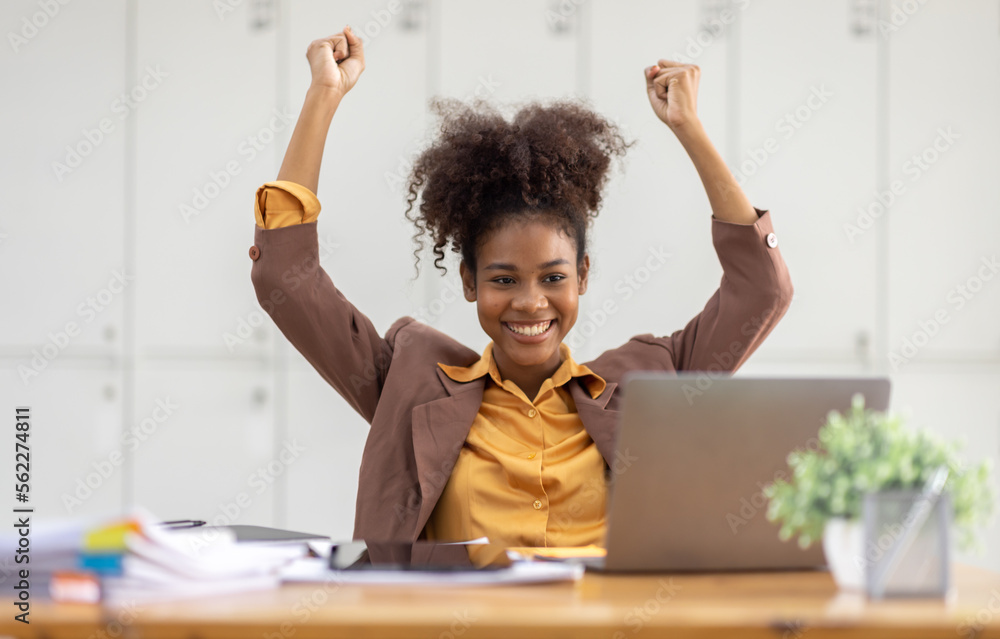 Excited happy Asian or african american woman business woman and laptoop screen in office for joy social media, internet browsing or research online win isolated over a white blur background - obrazy, fototapety, plakaty 