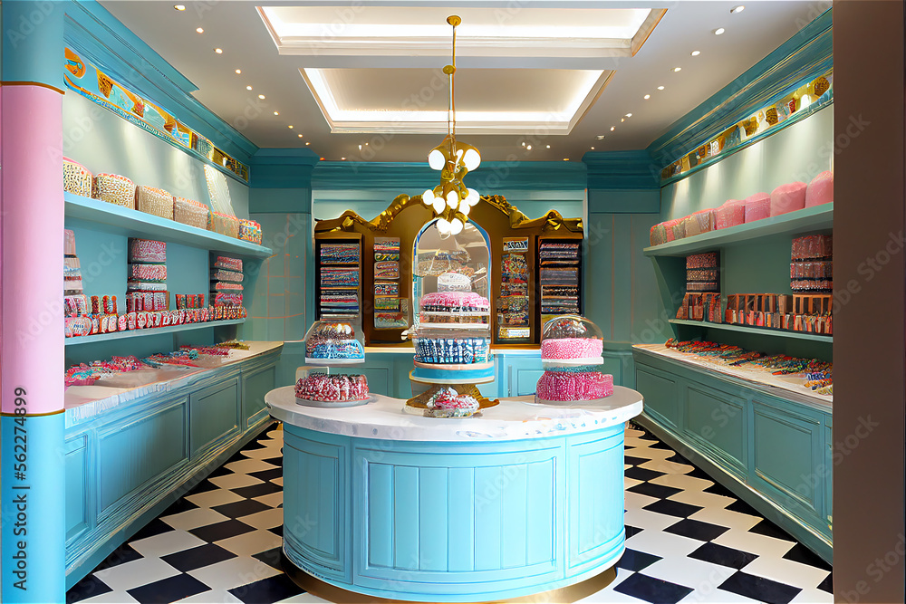 Luxury premium candy shop interior in pastel colors with lots of sweet ...