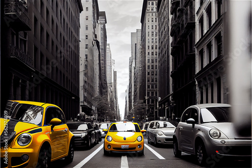 Fotografering Traffic with typical yellow cabs in a monochrome New York, generative AI
