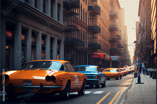 Billede på lærred Traffic with typical yellow cabs in a monochrome New York, generative AI
