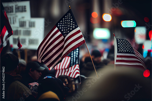 Street crowd in a protest or demonstration, waving US flags, generative AI photo