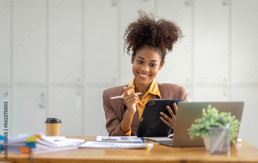 Excited happy Asian or african american woman business woman and tablet screen in office for joy social media, internet browsing or research online win. Excited happy Asian or african american woman business woman and tablet screen in office for joy social media, internet browsing or research online win.