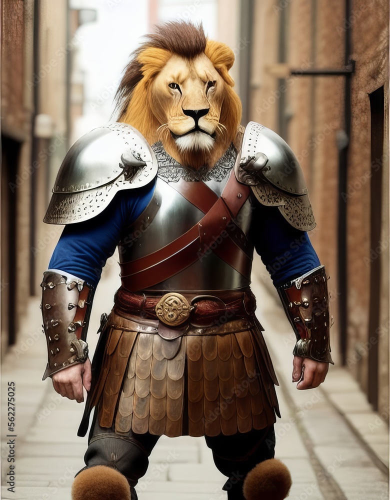 Fototapeta premium Lion Viking Warrior Wearing Armor in Alley Anthromorphic Generative AI illustration