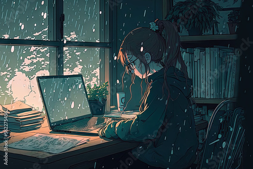 Studying at her desk is Lofi Girl. Beautiful cool, atmospheric wallpaper with rain outside. Background in 4K. hip hop style, lo fi Manga style anime. Generative AI