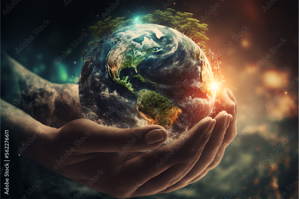 Empowering Unity and Collective Responsibility: The Profound Significance of Hands Holding the World as a Symbol for Achieving a Brighter Future for All (AI Generated) - obrazy, fototapety, plakaty 