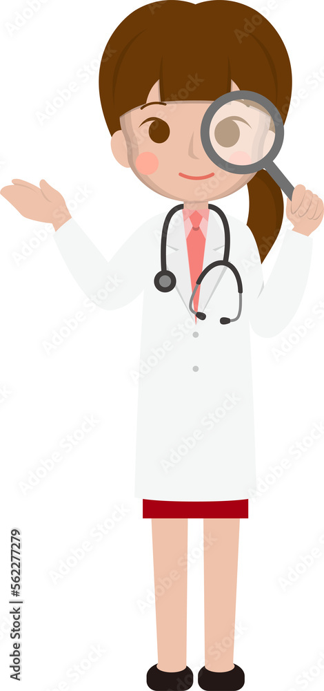 Female medical worker with magnifying glass, medical staff, emoji cartoon Female medical worker with magnifying glass, medical staff, emoji cartoon