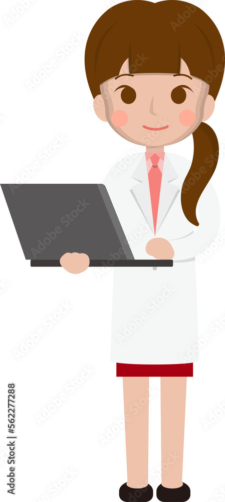 Female medical worker holding laptop computer, medical staff, emoji cartoon Female medical worker holding laptop computer, medical staff, emoji cartoon