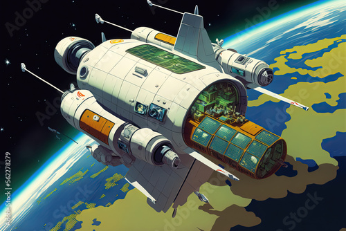Earth Station 007 An Earth based shuttle transports supplies to a space station that is orbiting the earth. Generative AI