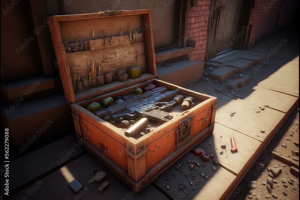 An Open Box Full of War Artifacts and Objects for Survival and Defense on a Destroyed City An Open Box Full of War Artifacts and Objects for Survival and Defense on a Destroyed City