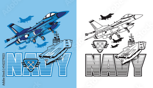 Valokuva Military fighter jets landing ship, Vector illustration