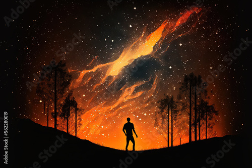 Milky Way and happy man at night. Silhouette of alone guy with raised up arms, sky with bright stars, orange light in summer. Galaxy. Space background. Landscape with milky way. Travel and nature