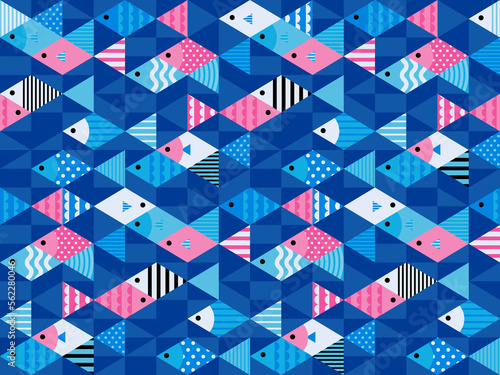 幾何学的な魚模様　シームレスパターン（ブルー×ピンク）