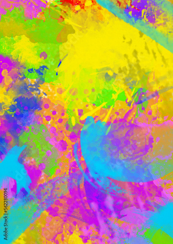 Watercolor  bright  stains and strokes acidic colorful background Chaotic mixing of colors. Background of bright brush strokes. Filtered noisy image for design of site.