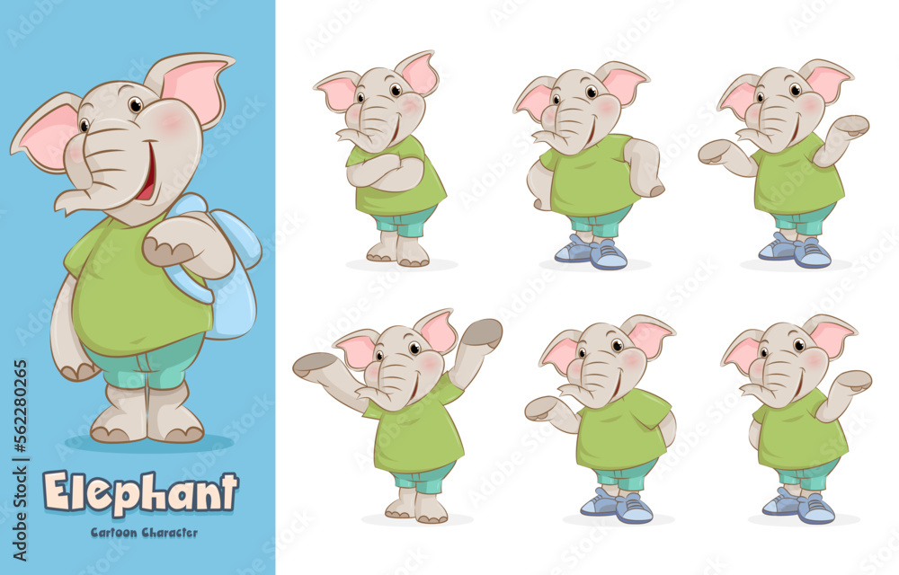 The elephant cartoon character. Elephant in various action poses vector illustration