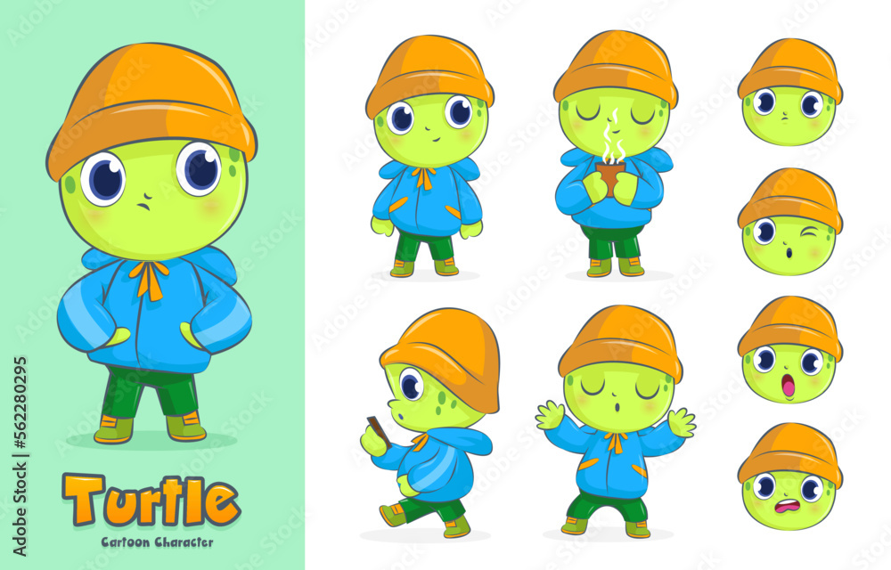The turtle cartoon character is dressed in a jacket and wearing a hat The turtle cartoon character is dressed in a jacket and wearing a hat