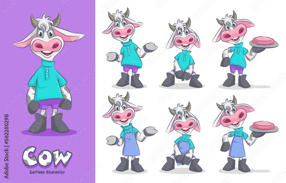 Obraz premium Cartoon cow character vector illustration wearing waiter or chef uniform creation set many poses