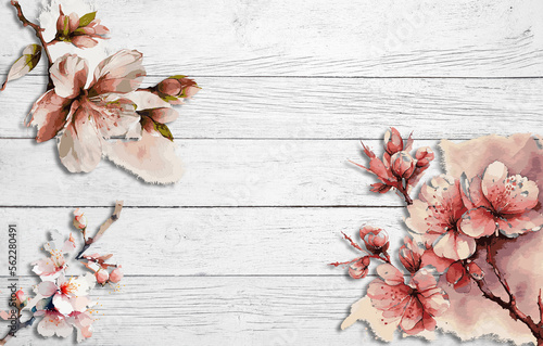 White wooden panel with beautiful patterns. wood plank texture background, hardwood floor. Cherry Blossom Flowers are on white flooring wood texture Background