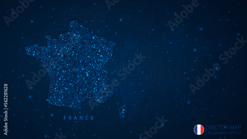 Map of France modern design with polygonal shapes on dark blue background. Business wireframe mesh spheres from flying debris. Blue structure style vector illustration concept