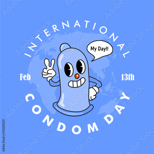 international condom day poster on blue background