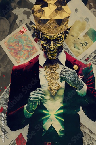 Greedy demon wearing crown. Dollar. Money. Collage. Generative AI