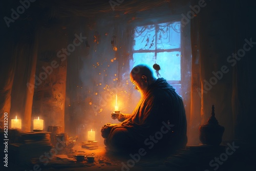 Buddhist monk meditating in the temple. Generative AI