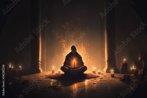 Buddhist monk meditating in the temple. Generative AI