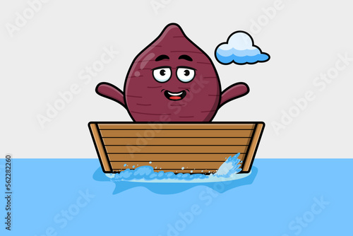 cute cartoon Sweet potato get on boat in vector character illustration