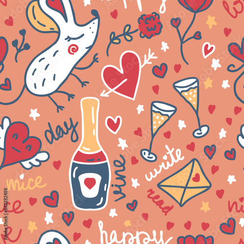 Valentine seamless pattern with cute mouse, flowers and hearts. Perfect background for paper, textile, fabric. Hand drawn vector illustration for decor and design.