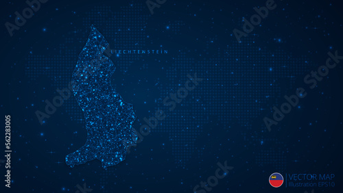 Map of Liechtenstein modern design with polygonal shapes on dark blue background. Business wireframe mesh spheres from flying debris. Blue structure style vector illustration concept