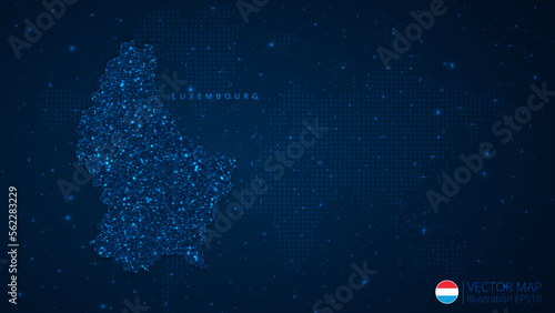 Map of Luxembourg modern design with polygonal shapes on dark blue background. Business wireframe mesh spheres from flying debris. Blue structure style vector illustration concept