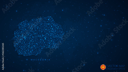 Map of North Macedonia modern design with polygonal shapes on dark blue background. Business wireframe mesh spheres from flying debris. Blue structure style vector illustration concept