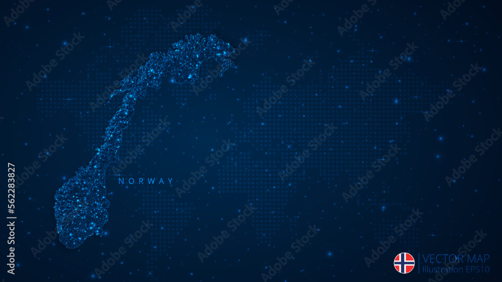 Map of Norway modern design with polygonal shapes on dark blue background. Business wireframe mesh spheres from flying debris. Blue structure style vector illustration concept